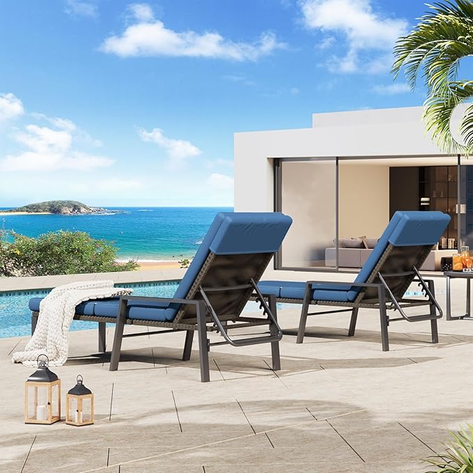 AECOJOY Lounge Chair Outdoor Set of 2, Adjustable Wicker PE Rattan Patio Chaise Chairs with Removable Cushion for Beach, Pool, Lawn, Black Rattan&Dark Blue Cuchion