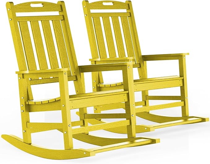 LOUNZY Outdoor Rocking Chair with Footboards Set of 2, HDPE Rocking Chair Patio Porch Rocker with 380lbs Support for Adult, Yellow
