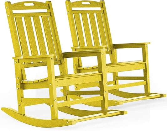 LOUNZY Outdoor Rocking Chair with Footboards Set of 2, HDPE Rocking Chair Patio Porch Rocker with 380lbs Support for Adult, Yellow