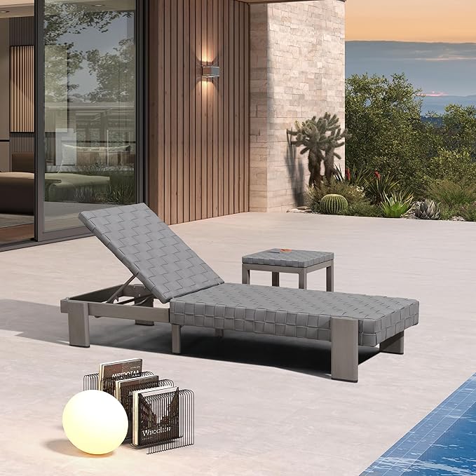 PURPLE LEAF Patio Lounge Chair Modern Outdoor PU Leather Style Chaise Lounge 1 Piece with Side Table Adjustable Backrest Aluminum Luxury Chaise Lounge Chairs for Pool Garden Backyard Beach, Grey