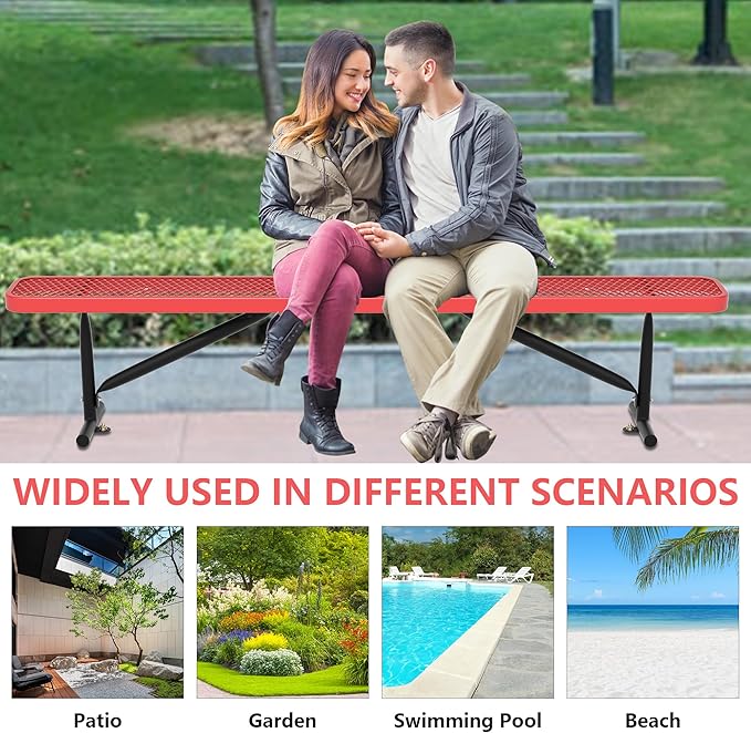 Park Benches for Outside, 8 ft Metal Porch Bench Furniture Patio Seating, Commercial Expanded Metal Mesh Bench for Outdoor, Lawn, Backyard, Park, Deck, Garden, Patio, School (Red, 8FT)