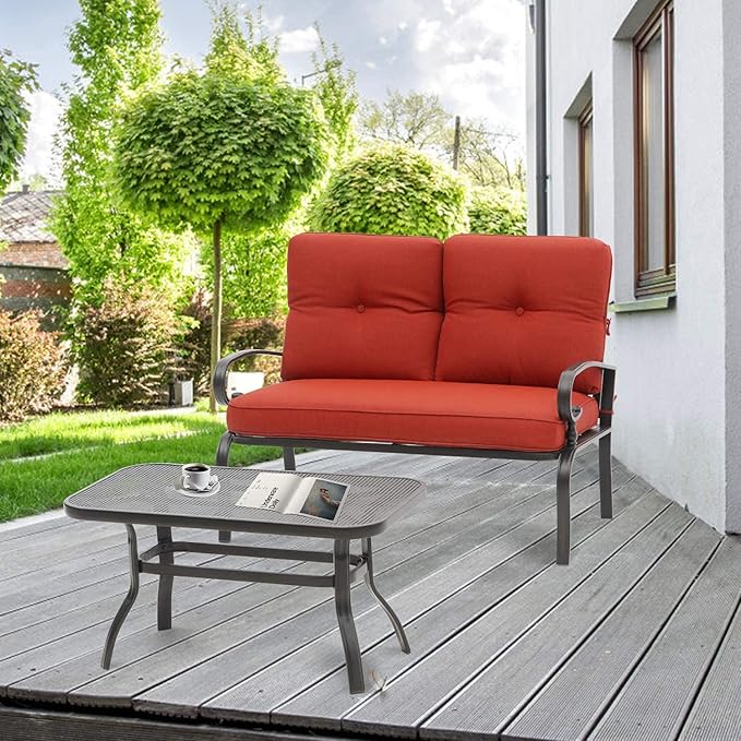 Outdoor 2 Pcs Patio Loveseat Bench Set with Bistro Coffee Table and Patio Steel Frame Sofa with Cushion, Wrought Iron Look, Lawn Front Porch Garden (Red)