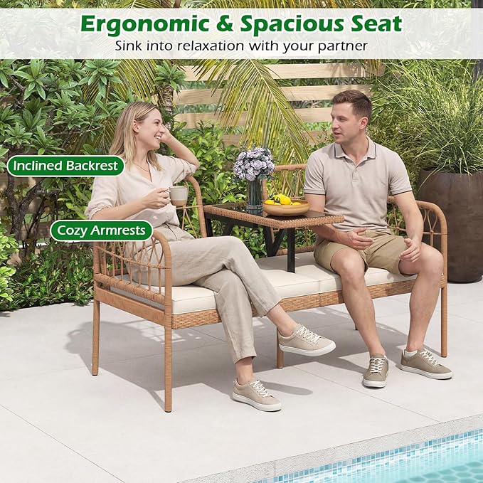 HAPPYGRILL Patio Rattan Loveseat, 2-Seat Wicker Chairs with Built-in Table, Outdoor Conversation Bench with Seat Cushions for Backyard, Front Porch, Garden