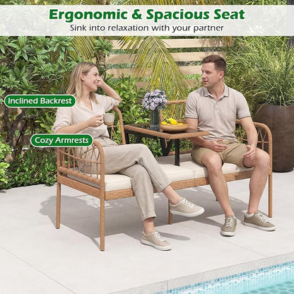 HAPPYGRILL Patio Rattan Loveseat, 2-Seat Wicker Chairs with Built-in Table, Outdoor Conversation Bench with Seat Cushions for Backyard, Front Porch, Garden