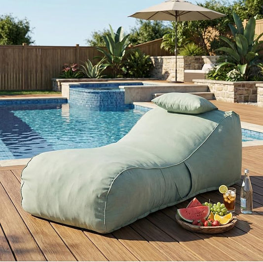 Merax Outdoor Bean Bag Chairs with Headrest, 71" L Large Lounger Chair for Adults Bean Bag Bed with Foam Filled for Patio Pool Balcony & Desk, Beige Fabric Outside Beanbag Chair, Mint