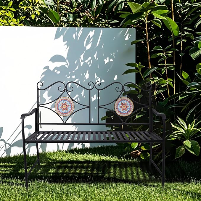 Vipush Outdoor Mosaic Benches - 47Inch Cast Iron Steel Frame Garden Bench Patio Furniture Chair Outdoor Bench Floral Design Backrest, Slatted Seat for Park, Yard & Porch