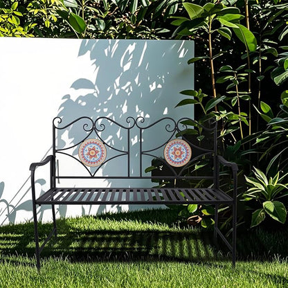 Vipush Outdoor Mosaic Benches - 47Inch Cast Iron Steel Frame Garden Bench Patio Furniture Chair Outdoor Bench Floral Design Backrest, Slatted Seat for Park, Yard & Porch
