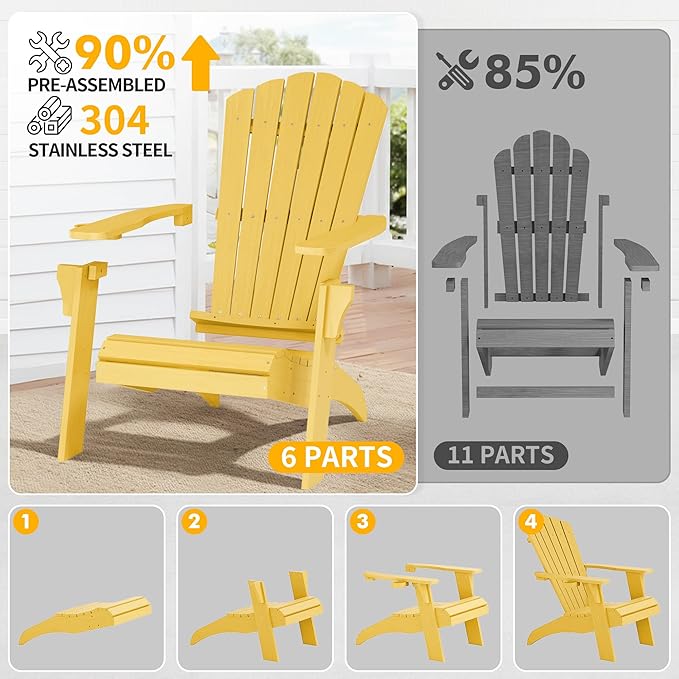 Psilvam Adirondack Chair, Oversized Poly Lumber Fire Pit Chair with Cup Holder, 350Lbs Support Patio Chairs for Garden, Weather Resistant Adirondack Chair Looks Like Real Wood (2, Yellow)