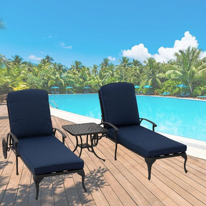 Chaise Lounge Outdoor Chair with Side Table, Adjustable Reclining Rust-Resistant Aluminum Cast Poolside Chaise with Convenient Wheels, Outdoor Lounge Furniture Set of 3, (Denim Blue)