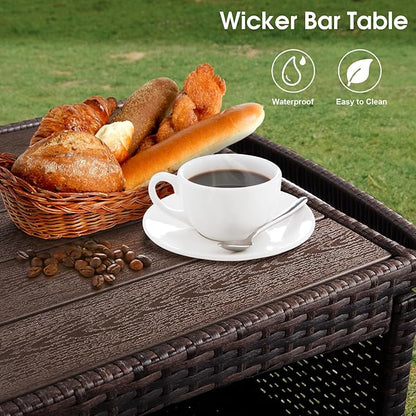 VINGLI Wicker Outdoor Bar Cart with Storage & Rolling Wheels, Patio Bar Table w/Shelf, Outdoor Storage Cabinet Buffet Cabinet Grill Cart for BBQ Pool Patio Kitchen, Brown