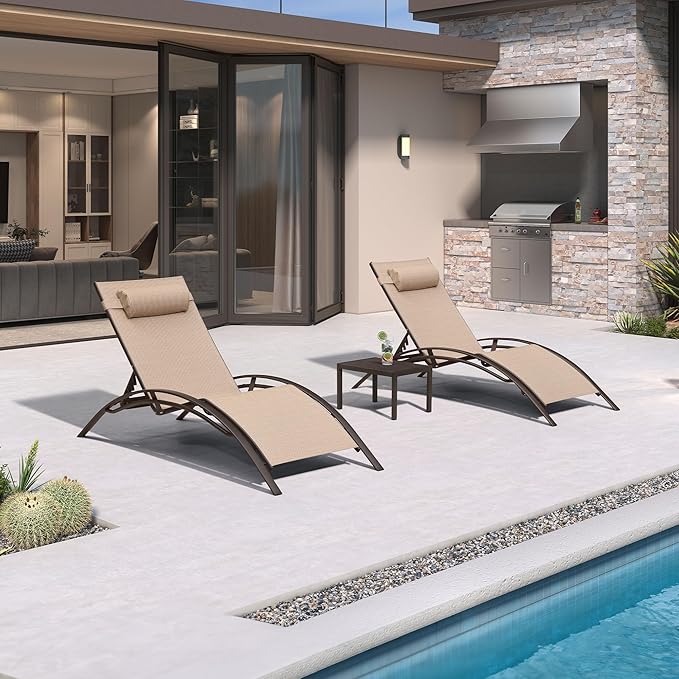 PURPLE LEAF Outdoor Oversized Chaise Lounge Chair Set of 3 Patio Pool Lounger Bronze Aluminum Chairs with Side Table - Photo 2