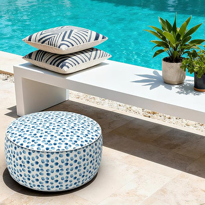 LVTXIII Outdoor Inflatable Ottoman, 21"x21"x9" Patio Fade-Resistant Footrest Stool with Handle, Portable Round Ottoman Pouf for Patio Garden, Camping or Home Use, Brush Blue
