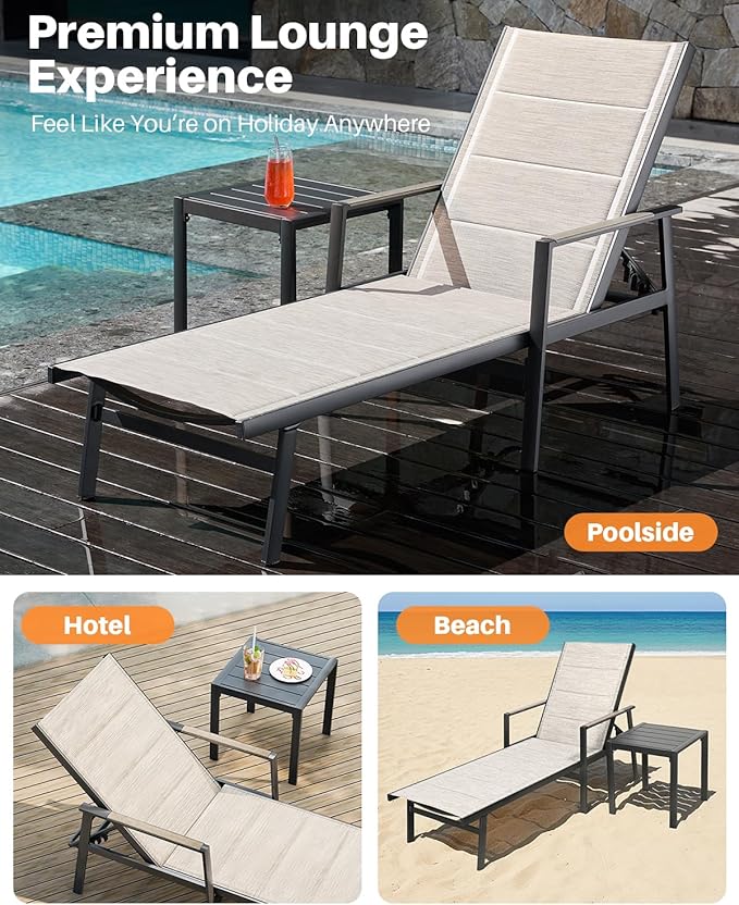 2-Piece Outdoor Chaise Lounge Set, Never-Rust Aluminum Patio Lounge Chair with Side Table, Pool Lounger with 3D Ultra-Thick Textilene, Adjustable Backrest Sun Lounger for Poolside, Backyard