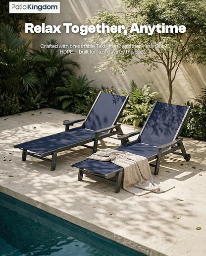 Patio Chaise Lounge Chair with Wheels & Cup Holder, HDPE Textilene Outdoor Lounge Chair 5 Positions Adjustable for Poolside Deck Patio Backyard (2, Grey Frame, Navy Textilene)