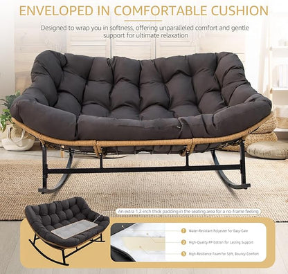 NICESOUL Oversized Double Rocking Papasan Chair with Cushion, 2 Person Big Wicker Outdoor Comfy Recliner, Large Heavy Duty 700 lbs Loveseat for Patio, Balcony, Backyard (Grey, 2 Seats w/Ottoman)
