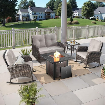 5 Pieces Patio Furniture Set with 50000 BTU Propane Fire Pit Table, All-Weather Patio Rocking Chairs, Loveseat Glider and Side Table for Outdoor Conversation Deck Backyard Poolside Beige