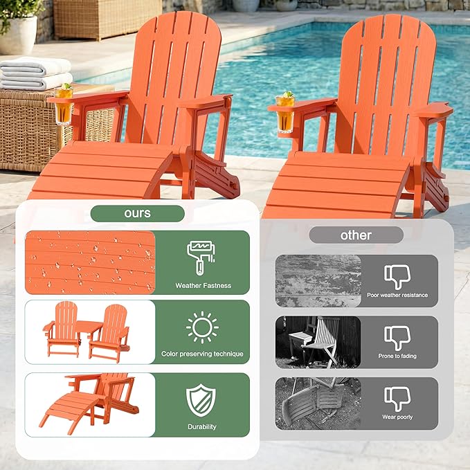 JY QAQA Outdoor Adirondack Chair Set of 2 with Detachable Table & Ottoman, All-Weather HDPE Patio Furniture with Wood Texture & Cup Holder for Patio, Poolside, Garden, Orange