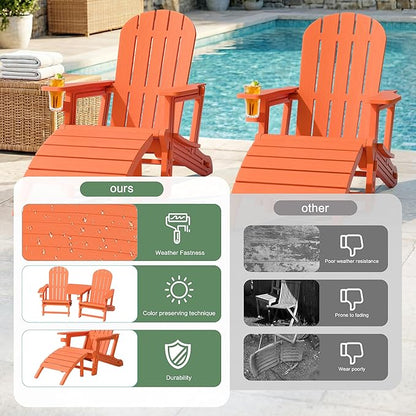 JY QAQA Outdoor Adirondack Chair Set of 2 with Detachable Table & Ottoman, All-Weather HDPE Patio Furniture with Wood Texture & Cup Holder for Patio, Poolside, Garden, Orange