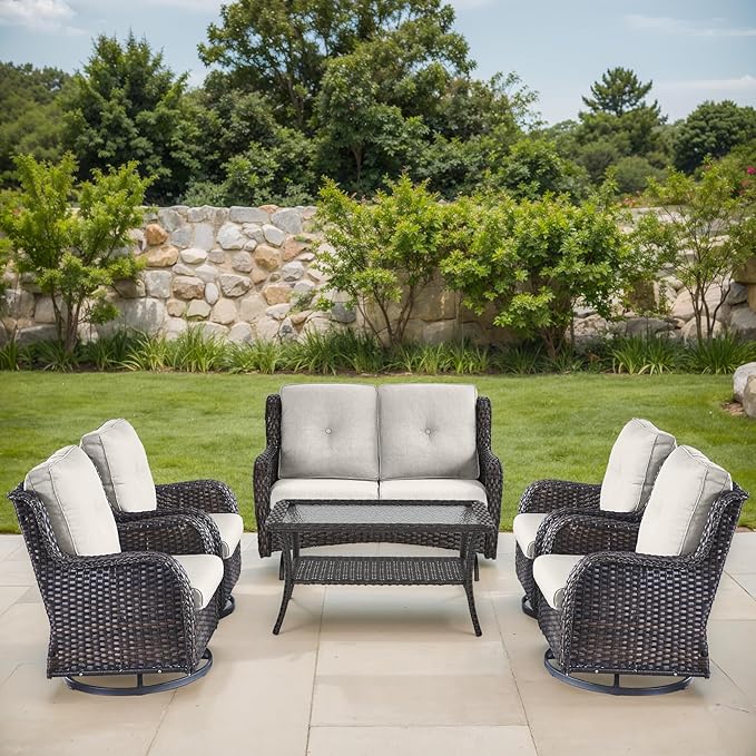 Patio Loveseat Glider Set, Resin Wicker Loveseat Glider with 4 Swivel Patio Chiars Coffee Table, 6 Piece Patio Conversation Set PE Rattan Loveseat Set, Brown Wicker|Beige Cushions