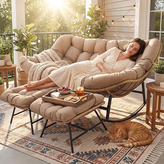 NICESOUL Oversized Double Rocking Papasan Chair with Cushion, 2 Person Big Wicker Outdoor Comfy Recliner, Large Heavy Duty 700 lbs Loveseat for Patio, Balcony, Backyard