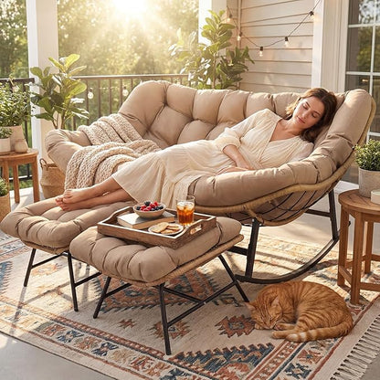 NICESOUL Oversized Double Rocking Papasan Chair with Cushion, 2 Person Big Wicker Outdoor Comfy Recliner, Large Heavy Duty 700 lbs Loveseat for Patio, Balcony, Backyard