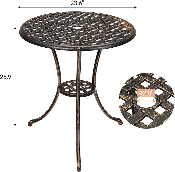 24-Inch Outdoor Patio Bistro Round CoffeeTable – Cast Aluminum Coffee & Dining Table With 2 Inch Umbrella Hole - Photo 3