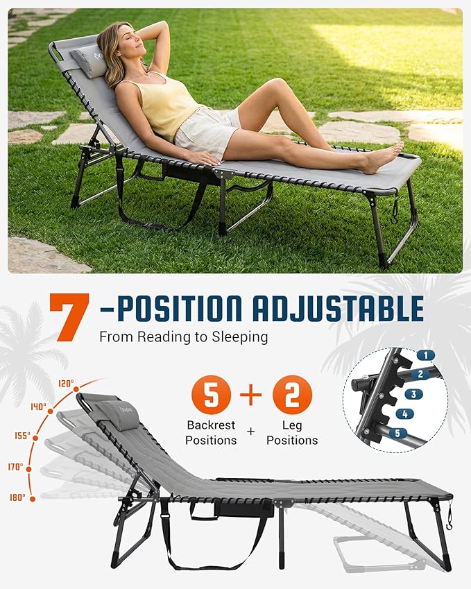 KingCamp Oversized Tanning Chair, Extra-Wide Padded Folding Chase Lounge Chairs Portable Adjustable 5-Position 440lbs Heavy Duty Lounger with Double-Layer Oxford for Outdoor Beach Patio Sun Pool Grey