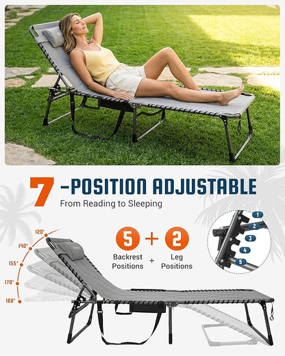 KingCamp Oversized Tanning Chair, Extra-Wide Padded Folding Chase Lounge Chairs Portable Adjustable 5-Position 440lbs Heavy Duty Lounger with Double-Layer Oxford for Outdoor Beach Patio Sun Pool Grey