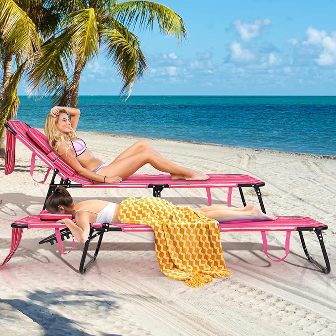Giantex 2-Pack Tanning Chair, 350lbs Adjustable Patio Lounge Chair w/Face Hole, Removable Pillows, Carry Strap - Photo 2