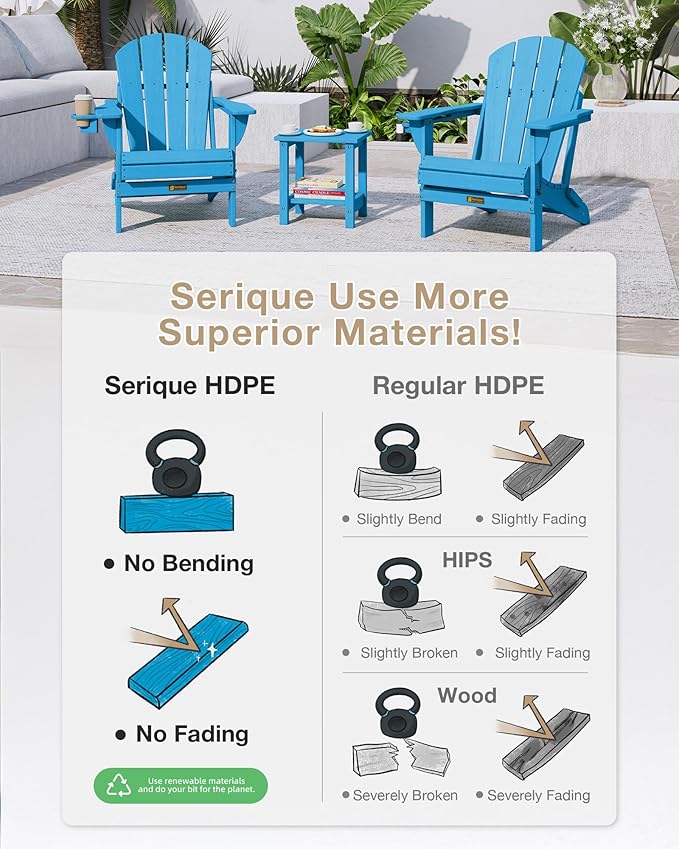 Folding Adirondack Chair, Patio Chair Wood Texture, Outdoor Chair Weather Resistant, Fire Pit Chair with Cup Holder, Composite Adirondack Chair Set of 4(Pacific Blue)