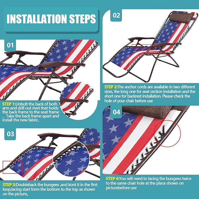 Queekay Chair Replacement Fabric with 4 Bungee Cord Lounge Chair Cloth Mesh Repair Kit for Patio Recliner Outdoor Lawn - Photo 3