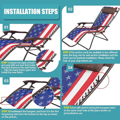Queekay Chair Replacement Fabric with 4 Bungee Cord Lounge Chair Cloth Mesh Repair Kit for Patio Recliner Outdoor Lawn Pool (63 x 17 Inch,National Flag)