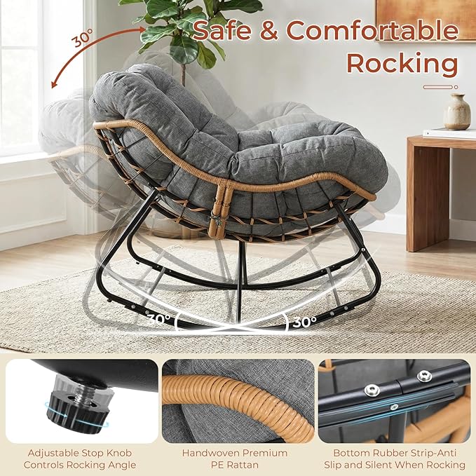 TLSUNNY Outdoor Papasan Rocking Chair, Oversized Padded Lounge Rocker with Cushion, Comfy Wicker Egg Lounge Chair, Large Indoor Rocking Recliner for Living Room/Porch/Garden (Dark Grey)