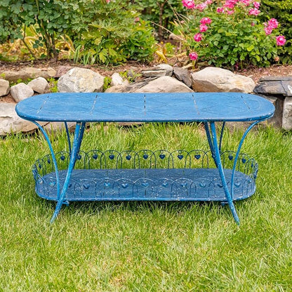 Zaer Ltd. Vintage Style Metal Patio Furniture with Heart Design Accents, Outdoor/Indoor Decor (Vintage Blue, Set of 3 (Bench, Table, Chair))