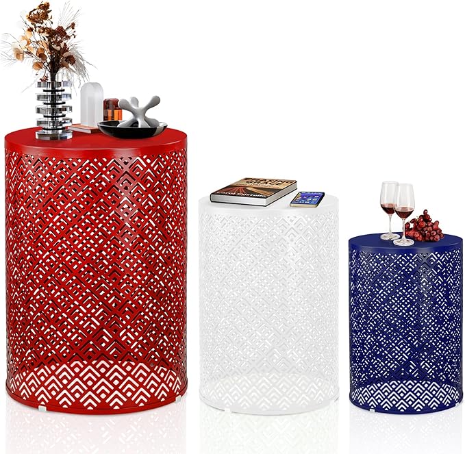 Outvita Outdoor Nesting Tables Set of 3, Heavy Duty Metal Frame Accent Modern End Table, Portable Side Table for Indoor, Outdoor, Living Room, Meander Pattern - Blue & White & Red