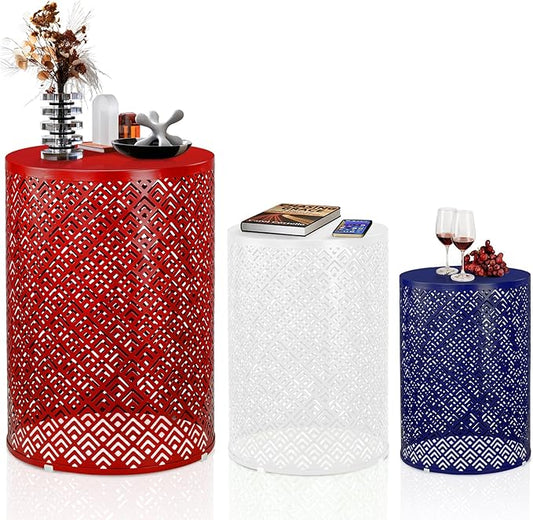 Outvita Outdoor Nesting Tables Set of 3, Heavy Duty Metal Frame Accent Modern End Table, Portable Side Table for Indoor, Outdoor, Living Room, Meander Pattern - Blue & White & Red