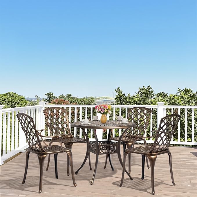 VINGLI Outdoor Dining Chairs Set of 4 Aluminum Patio Chairs, Cast Aluminum Patio Furniture Aluminum Outdoor Chairs for Backyard, Poolside, Balcony Bronze (4, Grid Back Without Cushion)