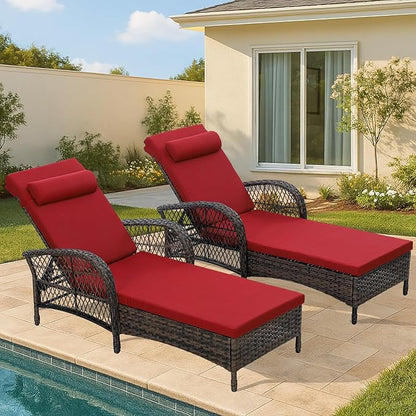HOMEDIARY 2-Piece Outdoor Wicker Lounge Chairs with Cushion, Rattan Patio Chaise Loungers with 6-Level Backrest, All Weather Lay Flat Pool Sunbathing Recliner Chair, Armrest and Head Pillow, Red