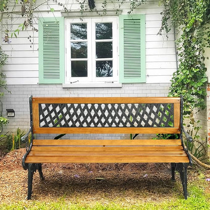 S AFSTAR Garden Bench, Pine Park Bench Porch Bench with Diamond Weaving Backrest, 470 LBS Bearing Capacity, Weatherproof Outdoor Wood Bench for Backyard Deck Lawn Poolside