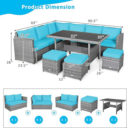COSTWAY 7 PCS Wicker Outdoor Conversation Set, Patio Sectional Furniture Sofa Set with Table & Seat Cushions, Rattan Furniture Sets for Backyard Garden Poolside Porch, Turquoise