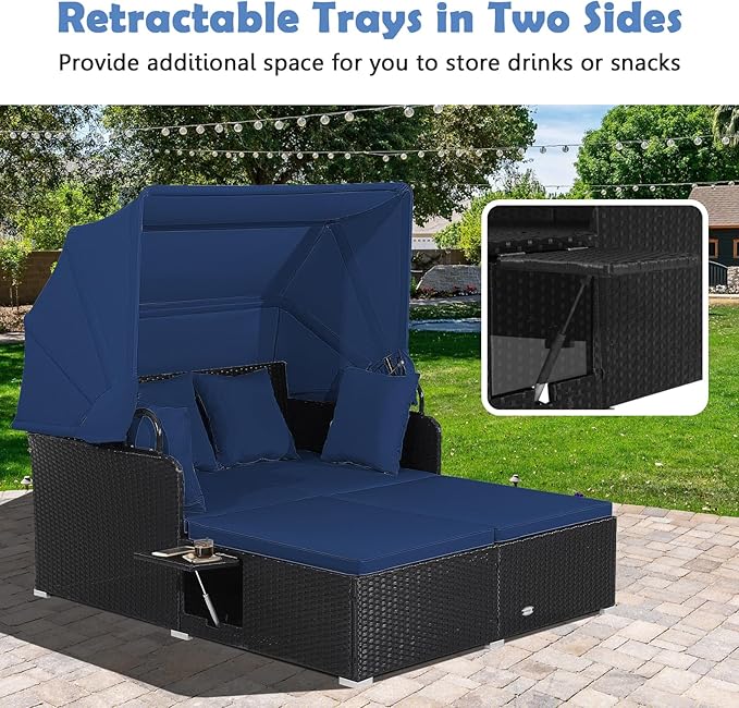 LDAILY Moccha Outdoor Daybed with Retractable Canopy, Wicker Cabana with 2 Side Tables & Soft Cushions - Photo 6