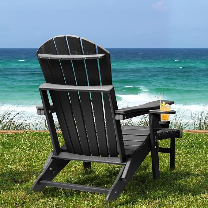 FUNBERRY Adjustable Folding Adirondack Chair with Retractable Ottoman, All Weather Fire Pit Chairs with Cup Holder