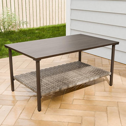 Vista Oasis Outdoor Steel Patio Table, Patio Coffee Table with Lower Storage, Outdoor Furniture for Balcony, Porch and Garden, Wood Grain Top