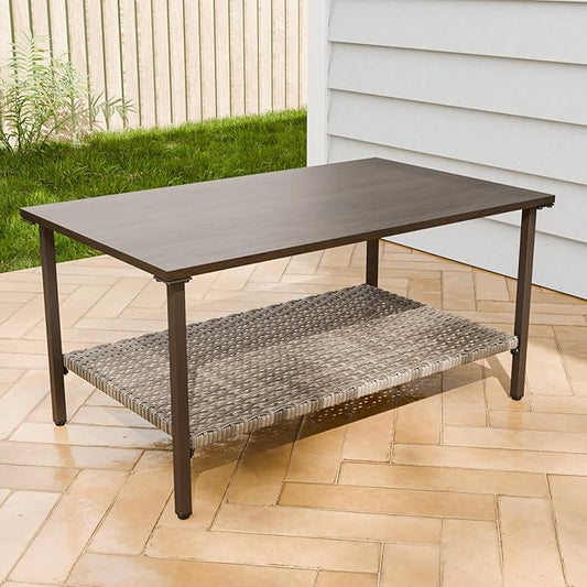 Vista Oasis Outdoor Steel Patio Table, Patio Coffee Table with Lower Storage, Outdoor Furniture for Balcony, Porch and Garden, Wood Grain Top