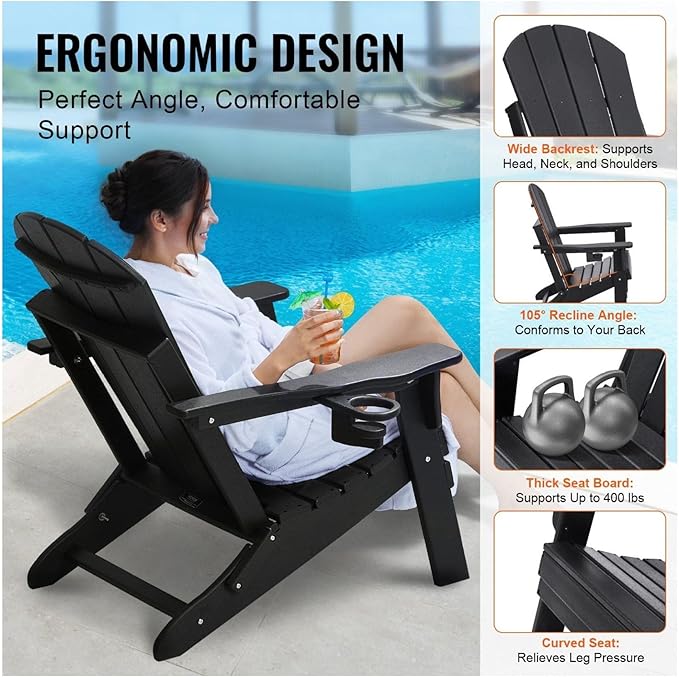 Adirondack Chair Plastic Set of 2 All-Weather Folding Fire Pit Black