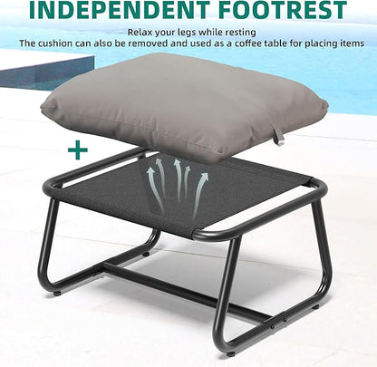 YITAHOME Patio Lounge Chair with Ottoman Set of 2, Oversized Papasan Chair with Soft Cushion, Indoor/Outdoor Textilene Lounge with Teak Wood Handrail and Footstool for Living Room, Porch, Backyard