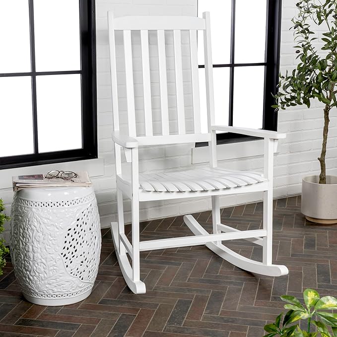 Eyely KCR300C Orvindar Farmhouse Classic Slat-Back 350-LBS Support Acacia Wood Outdoor Rocking Chair, White