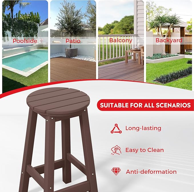 Costaelm 24" Height Outdoor Bar Stools, All-Weather Bar Stools, Adirondack Poly Patio Round Bar Stool for Patio, Deck, Kitchen Counter and Garden, Dark Brown