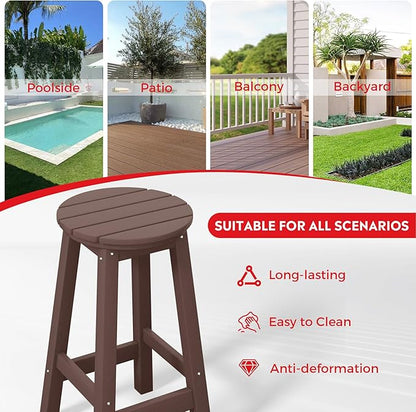 Costaelm 24" Height Outdoor Bar Stools, All-Weather Bar Stools, Adirondack Poly Patio Round Bar Stool for Patio, Deck, Kitchen Counter and Garden, Dark Brown
