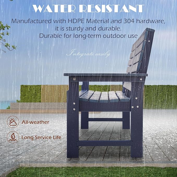 HDPE Outdoor Bench with Cup Holders, All Weather Garden Bench Suitable for 2-3 Person, Patio Benches Furniture with High Backrest and Wide Armrests for Front Porch, Garden, Backyard and Park, Blue